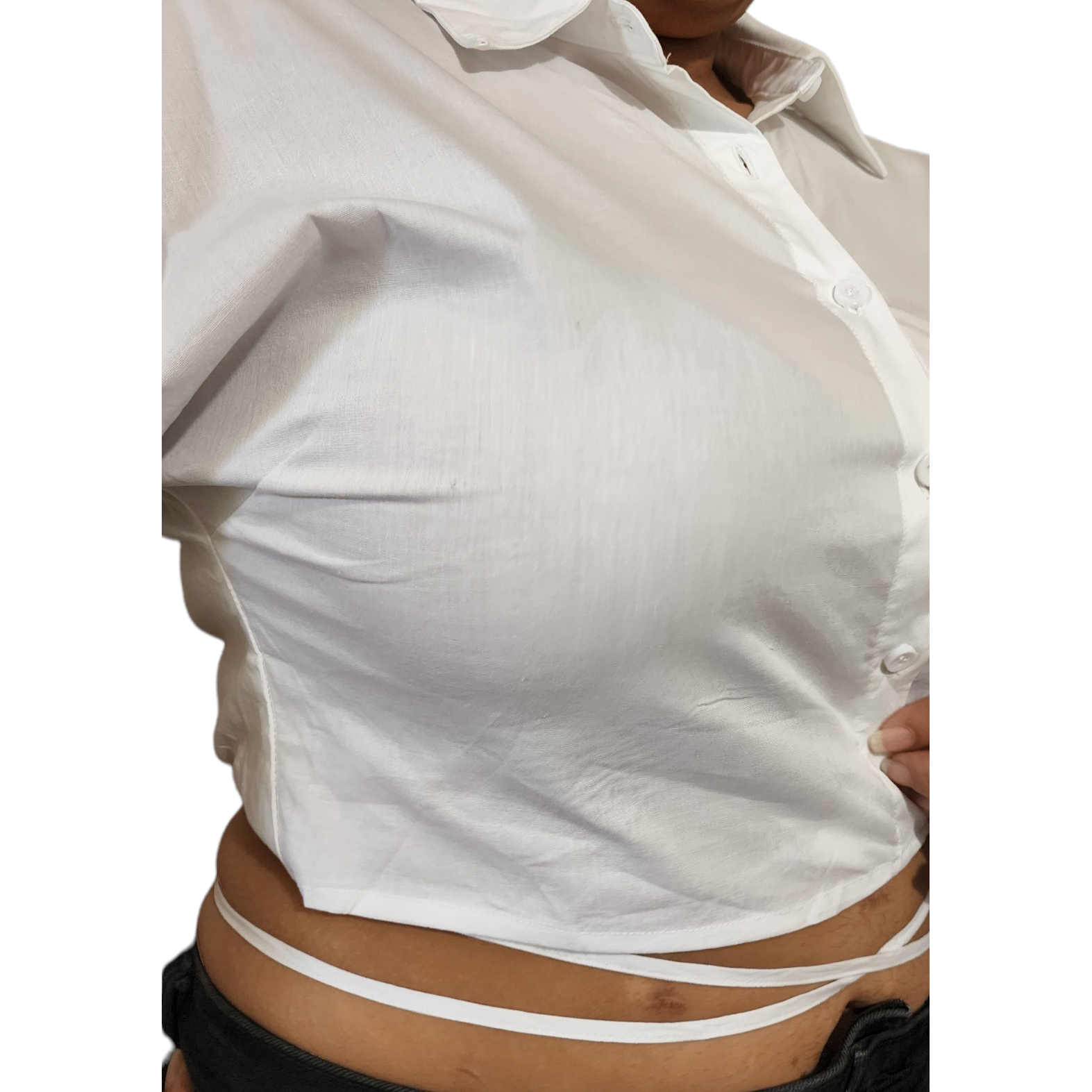 White Long Sleeve Croped Blouse w/ Tie Around Waist