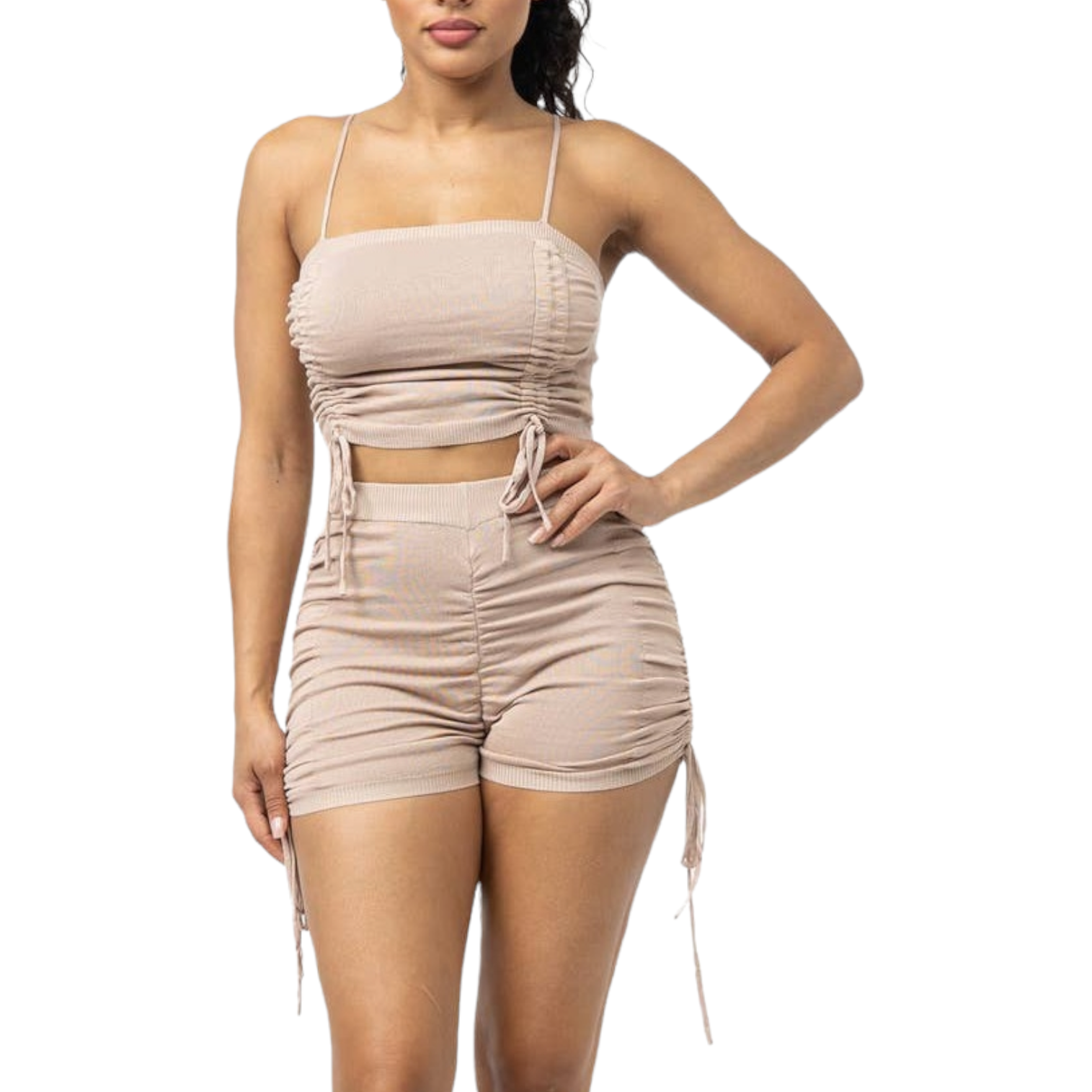 Shirring Tied Crop Top Side Shirring Shorts w/ String