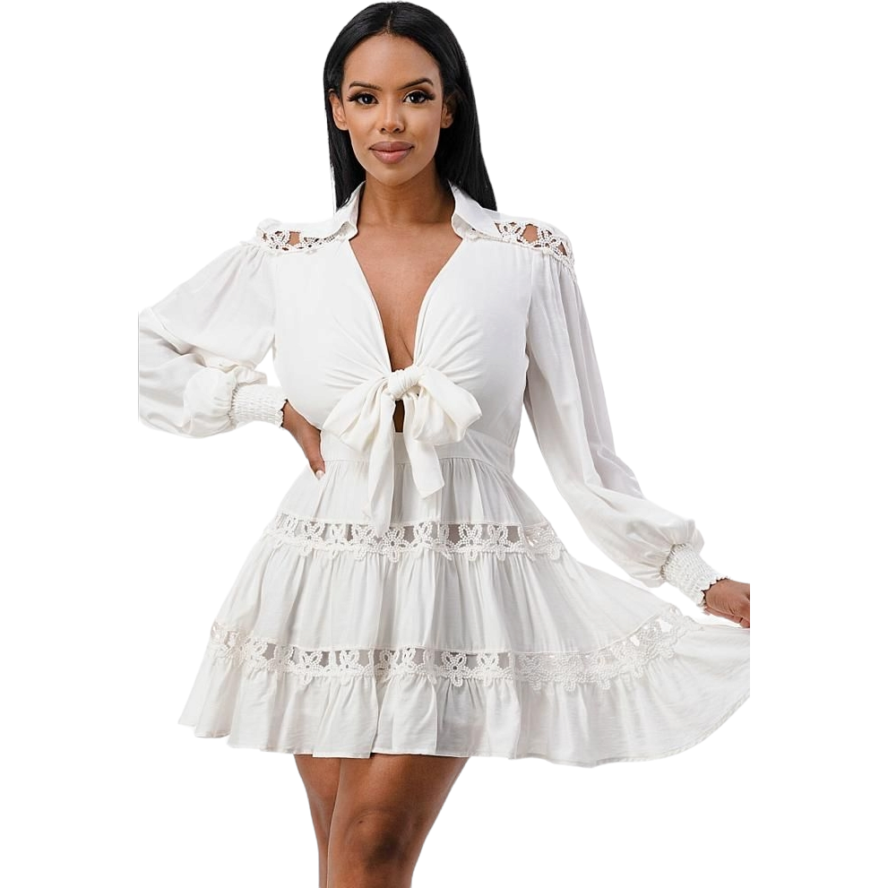 Dress Long Sleeved White Flare w/ Lace Trim Tie Front