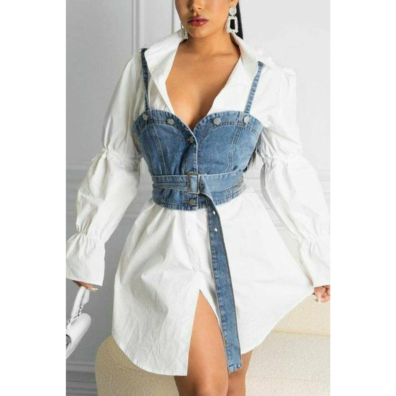 Solid White Button Front Blouse With Denim Vest