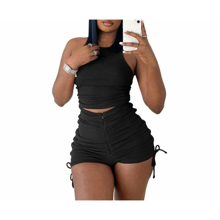 Sexy Tank Top Shorts Smocked Casual Two Piece Set / Black